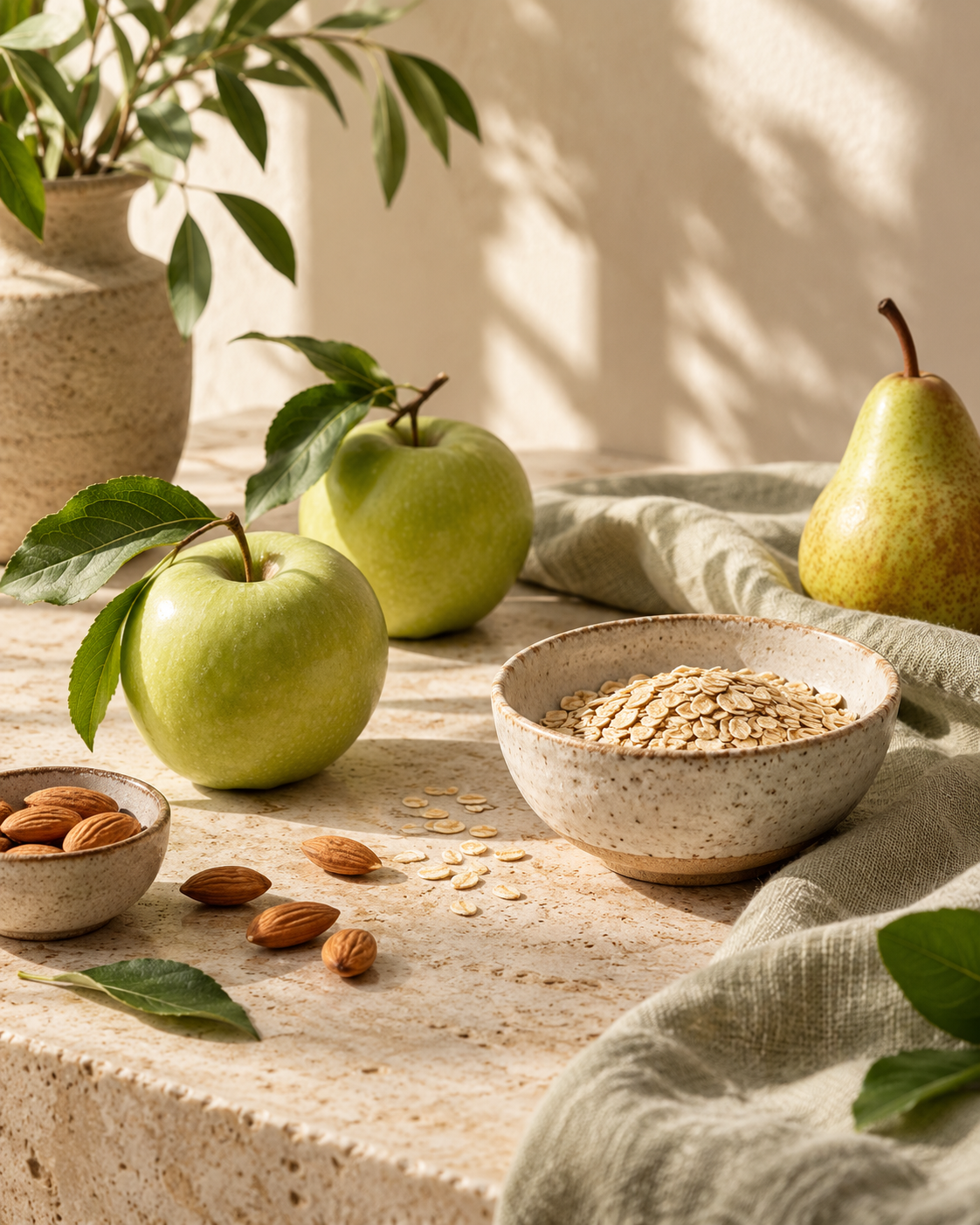 Manzanas verdes, pera y avena sobre una mesa de tonos naturales